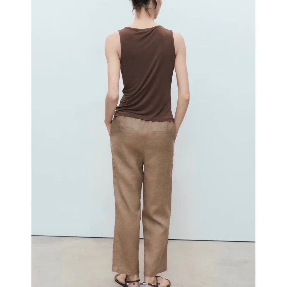 Mango MNG Women Medium Brown Linen Blend Drawstring Waist Trousers Size S NWT